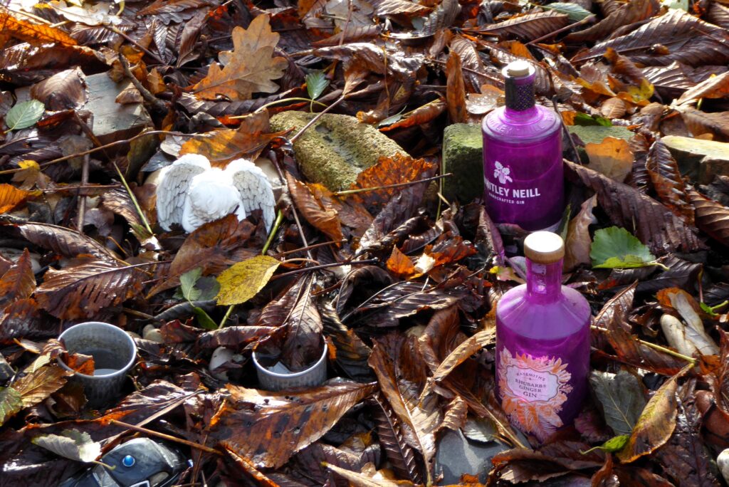 Two pink bottles with autumn leaves