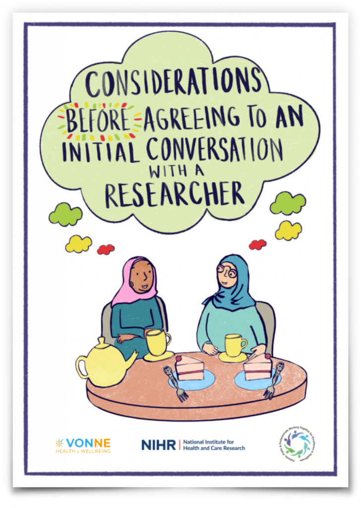 Screenshot of the front cover of the resource, which shows text that says Considerations before agreeing to an initial conversation with a researcher. The text is in a green thought bubble, shown above the heads of two women. The women are illustrated in a cartoon style and both are wearing hijabs (head scarf worn by some Muslim women). They are sitting round a table where there is tea and cake.