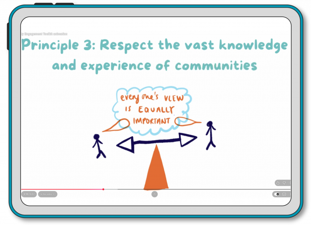 A screenshot of the video showing some text that says Principle 3: respect the vast knowledge and experience of communities, with illustrations underneath of two people, with text that says Everyone's view is equally important. The people are hand drawn stick figures, and they have speech bubbles beside them, overlapping with the text.
