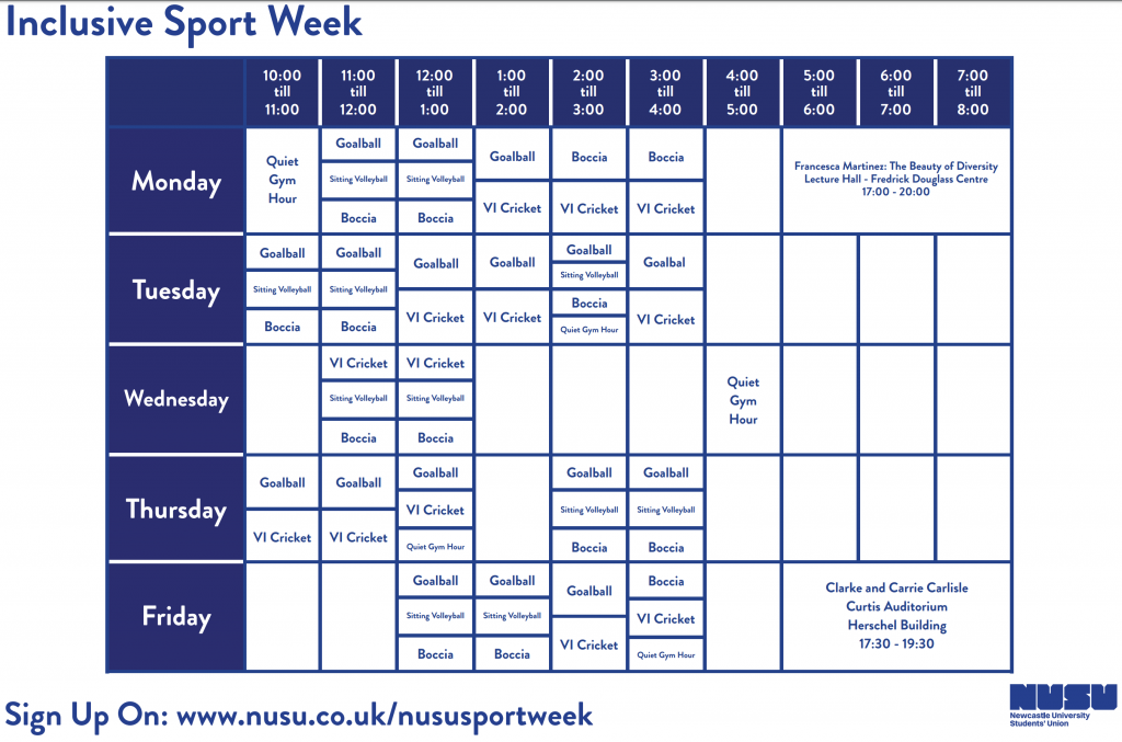 Table of inclusive sport week activities. Visit the link to read the PDF version.