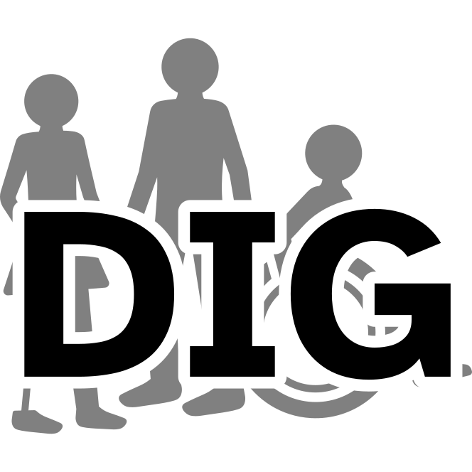 DIG logo: the letters "DIG" over silhouettes of three people. One person has a leg prosthesis, one is standing upright, and the third is sat in a wheelchair.