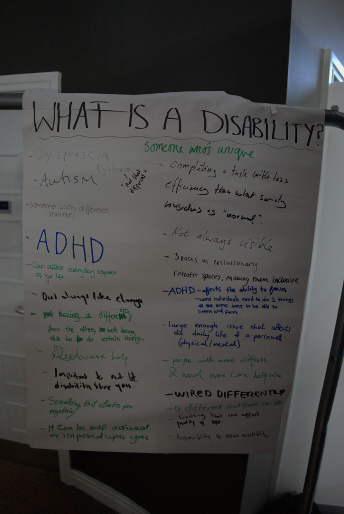 Answers to "what is a disability?" written on a flipchart. The text of the answers is below this image.