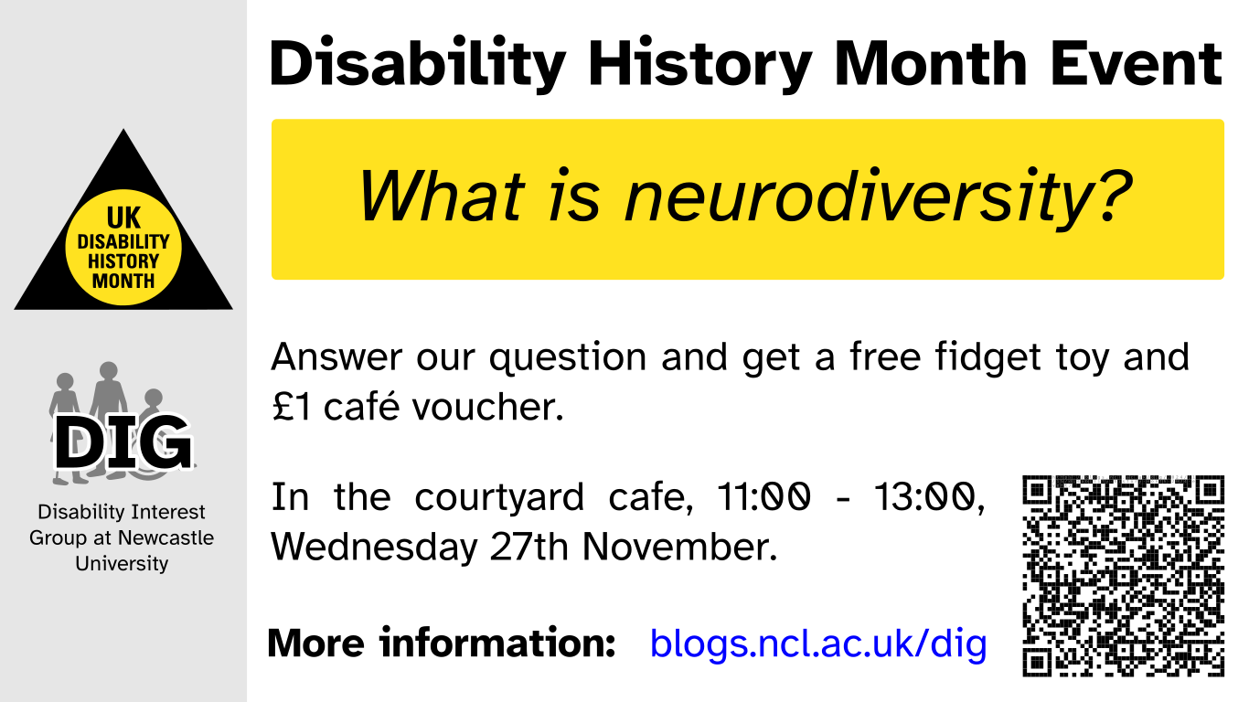 Disability History Month event. What is neurodiversity? Answer our question and get a free fidget toy and £1 café voucher. In the courtyard café, 11:00 - 13:00, Wednesday 27th November.