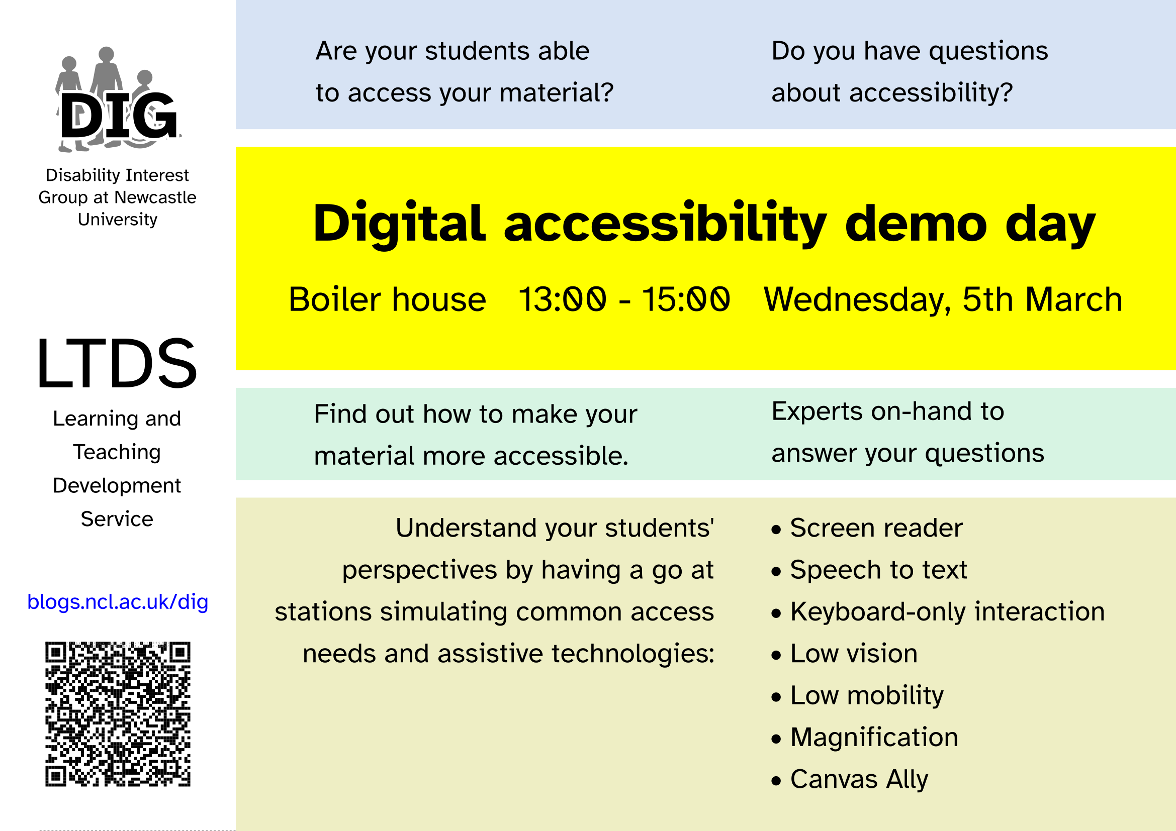 Digital accessibility demo day poster. Boiler House 13:00 - 15:00, Wednesday 5th March. Other text content is repeated in the post.