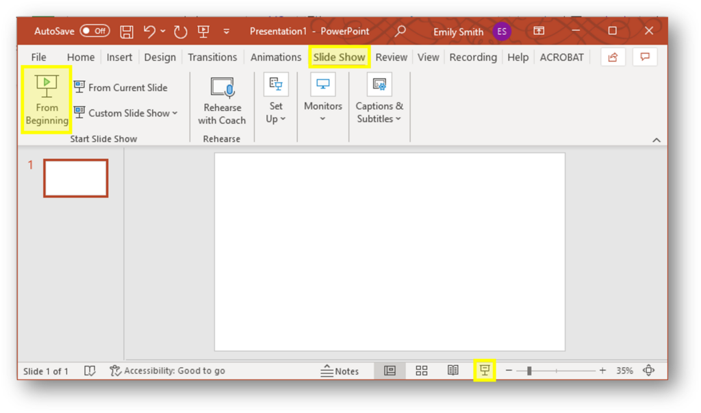 powerpoint view, slideshow button highlighted