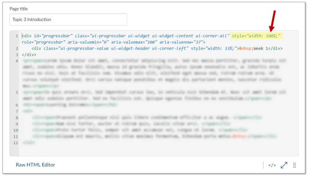 Canvas HTML editor showing width element.