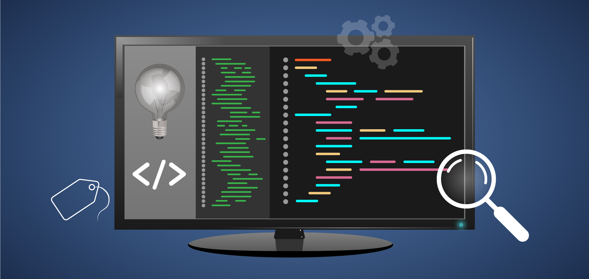 A computer monitor in front of a blue background with computer code shown on the display and floating tag, cog, light bulb and magnifying glass.  