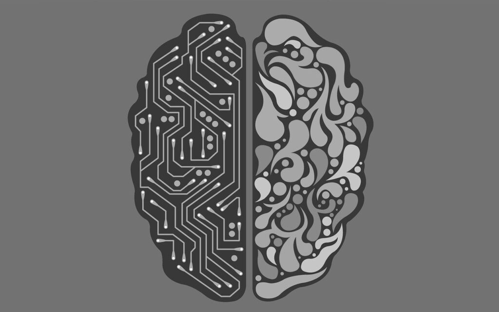 A drawing of two different halves of a brain left side is connected with electronic circuits representing logic and the right side full of 70s style paint drops representing creativity.