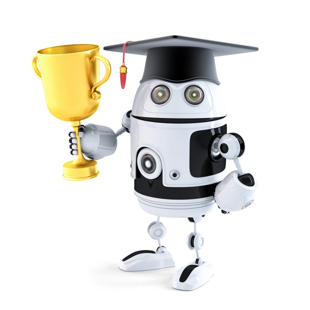 Student robot holding a trophy. Technology concept. Isolated