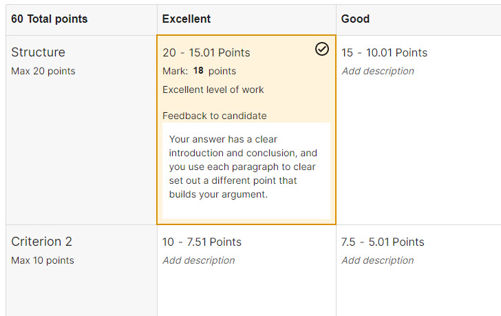 Screenshot of the Grader view of a sample points-range rubric in Inspera. 