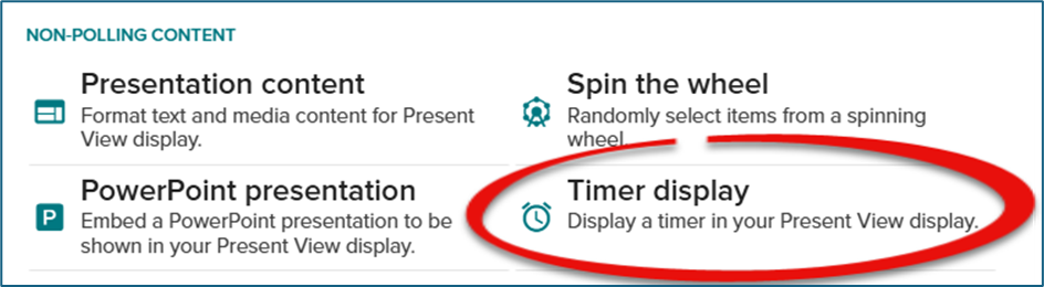 A screenshot of the timer display non-polling content type in Vevox.