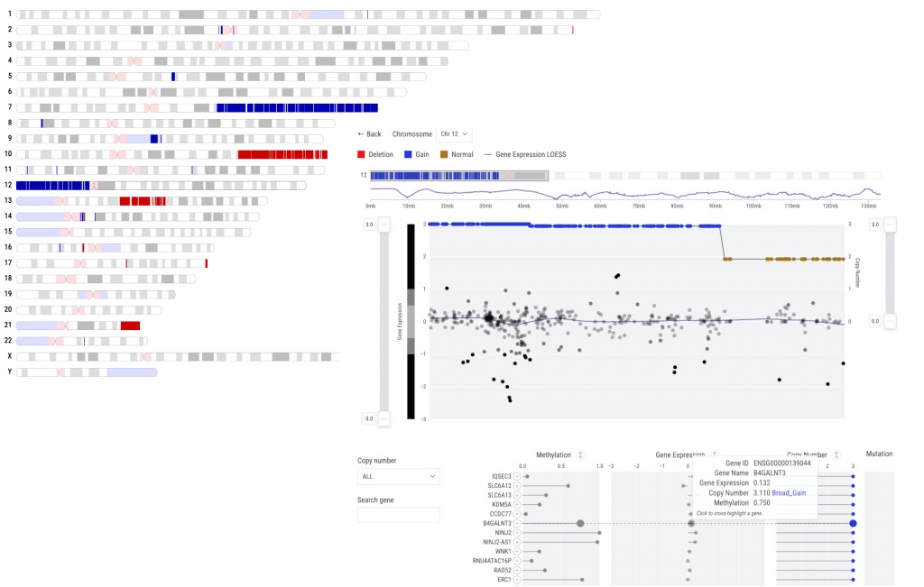 Visualization of chromosomes, gene expression, methylation, copy number