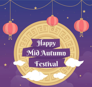 Graphic with a purple background with stars and lanterns handing on a strong along the top. A golden circular shape with 'Happy Mid Autumn Festival' in white on a purple banner. 