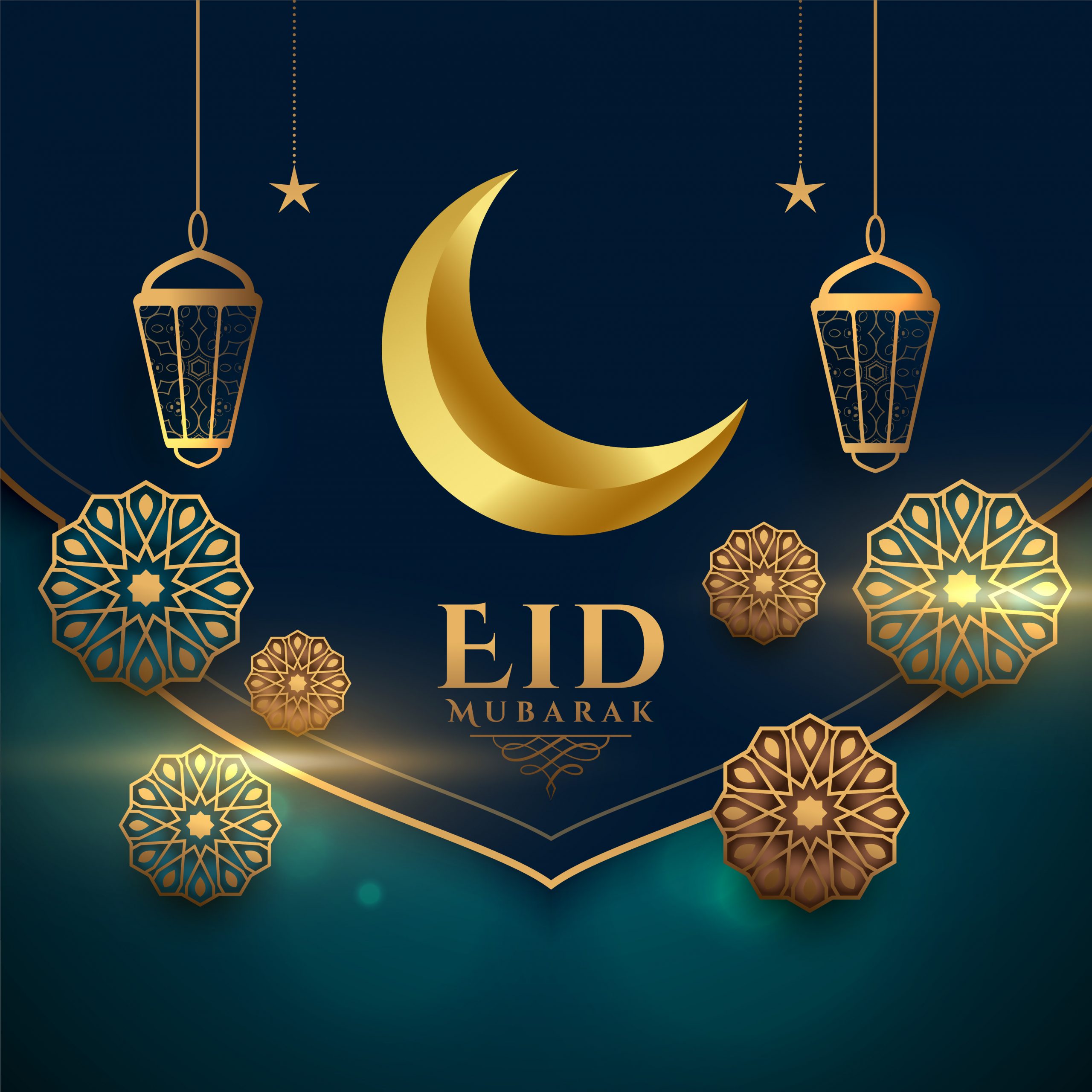 Image of a golden moon and lanterns with Eid Mubarak in text