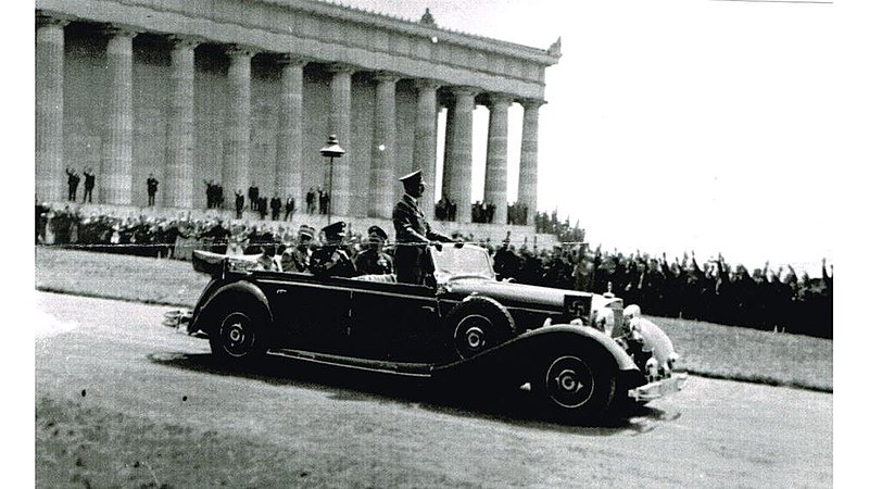 Photograph of Hitler standing in car while visiting Walhalla