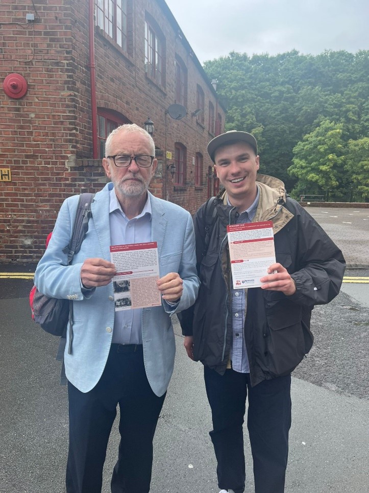 (Photograph of Joe with the former leader of the Labour Party and now Independent MP for Islington North, Jeremy Corbyn, holding the Remember 1926 leaflets.)