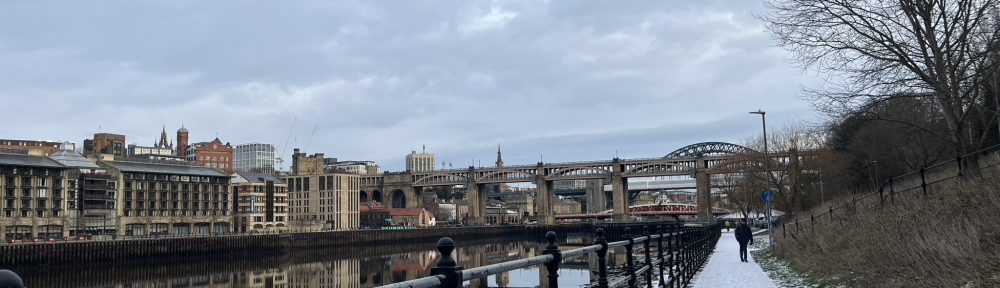 A view of the Tyne bridges from the Tyne Derwent Way in Gateshead, in the snow.