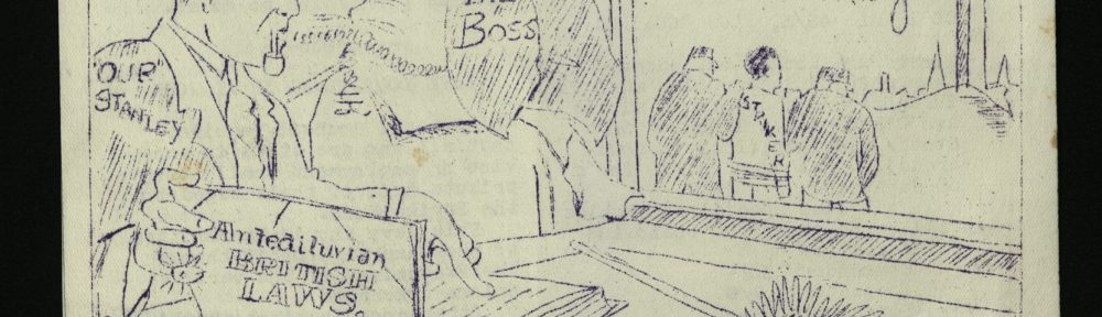 A cartoon from the Workers' Chronicle depicting two figures in contemporary formalwear. They are discussing hanging the workers and complimenting medieval methods of workplace management.