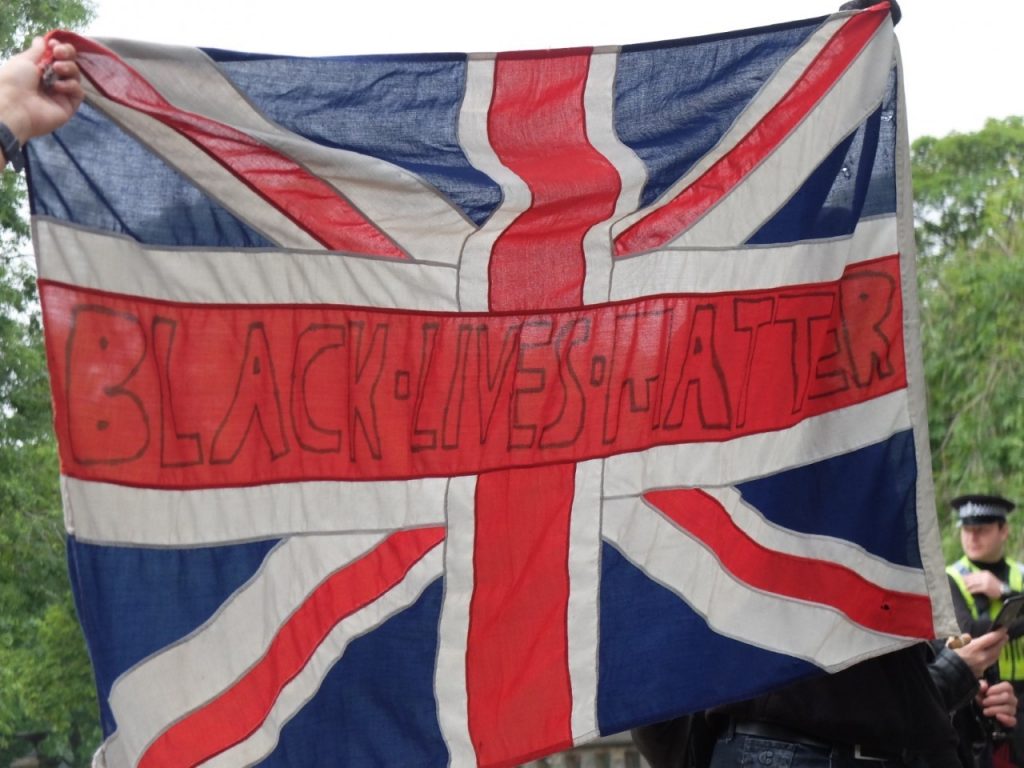 Union Jack flag at Black Lives Matter protests in Huddersfield, West Yorkshire on th 13th May 2020