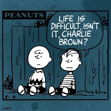 A Peanuts cartoon featuring Charlie Brown and Linus leaning against a fence. Linus is saying "Life is difficult, isn't it, Charlie Brown?"