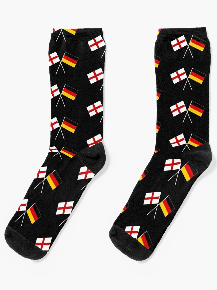 Black socks with crossed flags, one for Germany, one cross of St George for England