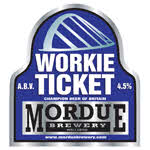 A beer pump clip for Mordue Brewery's beer "Workie Ticket", emblazoned with a picture of the Gateshead Millennium Bridge
