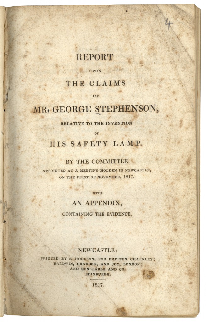 Title Page from Report upon the claims of Mr. George Stephenson, relative to the invention of his safety lamp, 1817 (Rare Books, RB622.47 REP-1) 