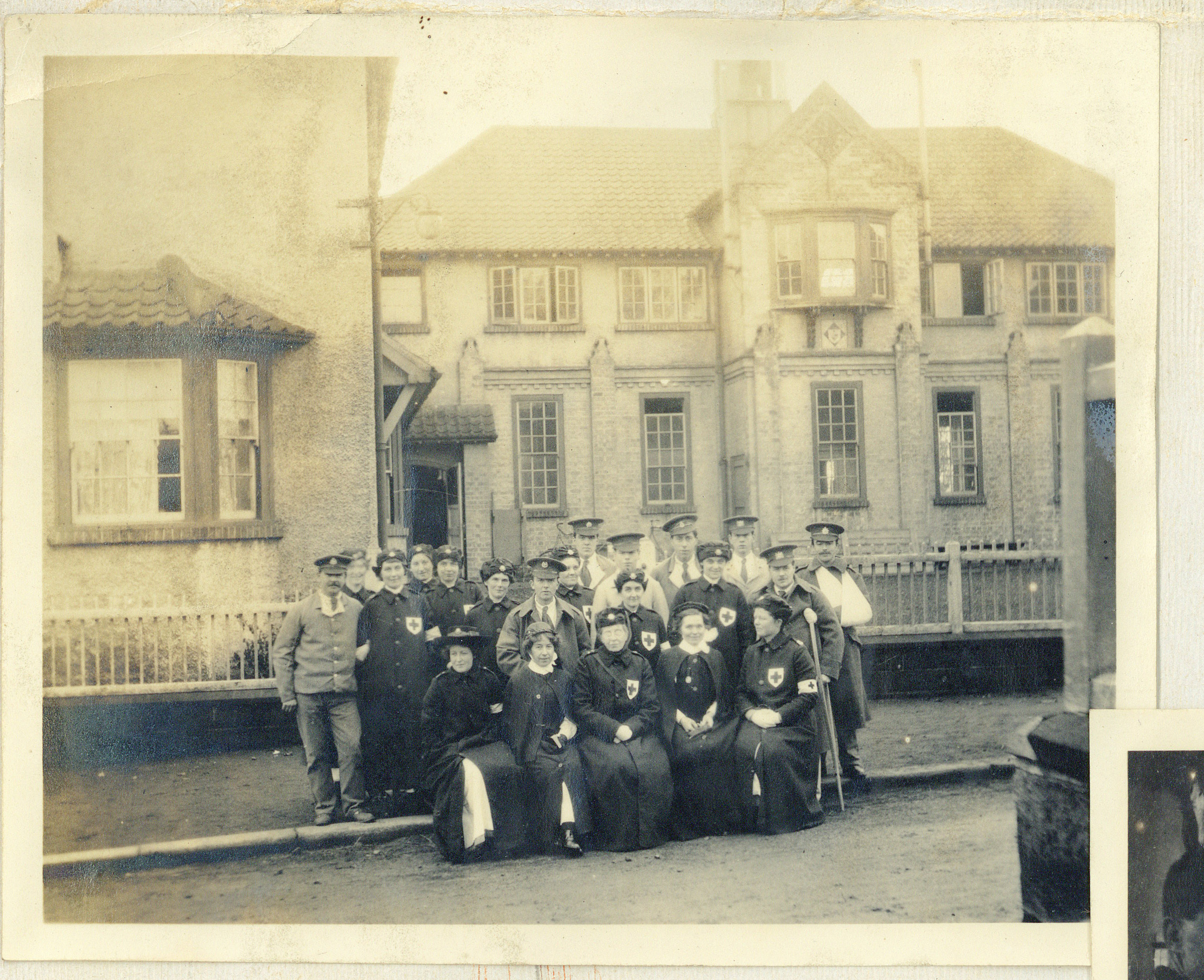 Nurses outside the auxiliary Hospital at Rounton Grange, New Years Eve, 1916 (Charles Philips Trevelyan Archive, CPT/PA/6/)