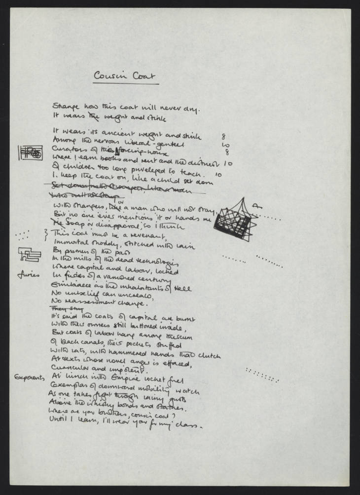 Page from a draft of Cousin Coat, a poem by Sean O'Brien - a hand written manuscript draft of a poem for inclusion in Sean O'Brien's poetry collection 'The Frighteners'. O'Brien (Sean) Archive, OBR/1/1/2/4