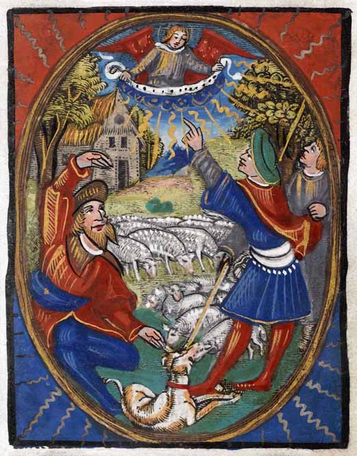 Image of the Shepherds calendar with three shepherds looking up to the sky with a farm and sheep in the background.