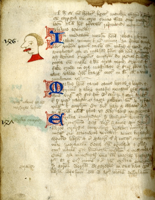Page from Opera chirurgica showing marginalia illustrations and illuminated lettering