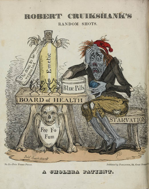 Image of a political cartoon, depicting a cholera patient siting on the words 'starvation' with a table next to him with the words'Board of Health' with a vial saying 'Emetic' and 'The dose to be repeated' and a box of 'Blue Pills'