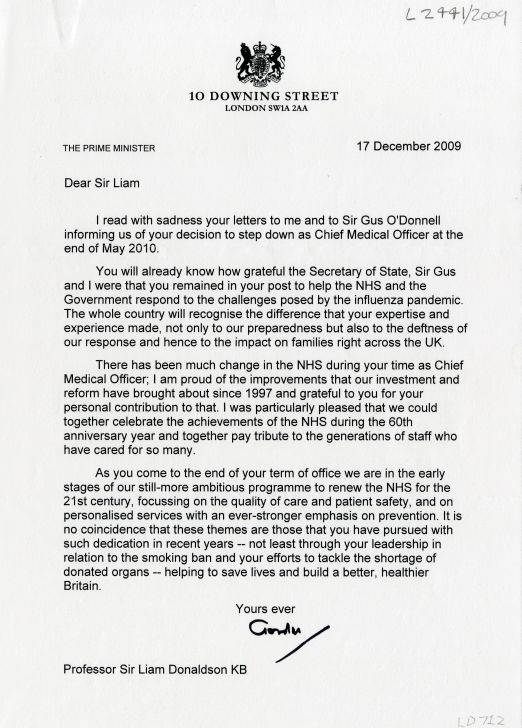 Letter to Sir Liam Donaldson from Prime Minister Gordon Brown on his retirement from the role of Chief Medical Officer