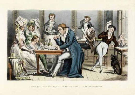 Hand coloured illustration of John Bull and his family at an ice café