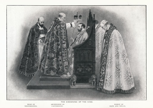 The ascension of King George V with King George V on the throne receiving the crown