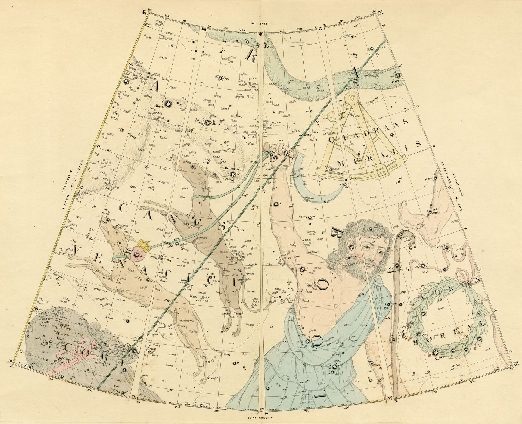 Section of map detailing Canis Minor, picturing Orion with his two faithful dogs