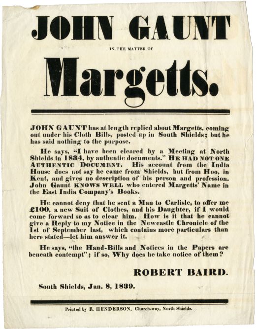 Broadside titled 'John Gaunt in the matter of Margetts'