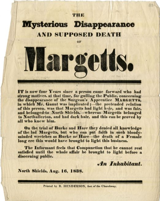 Broadside titled 'The Mysterious Disappearance and supposed death of Margetts.' 