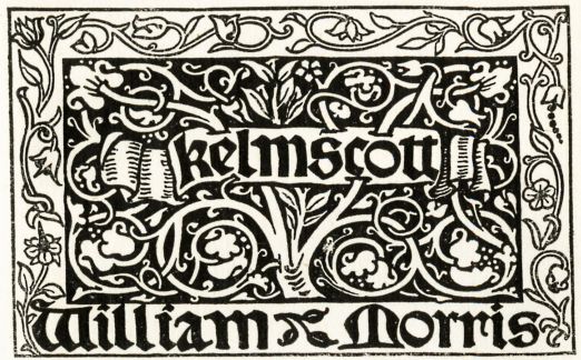 Ornate text block with 'kelmscott' and 'William Morris' written