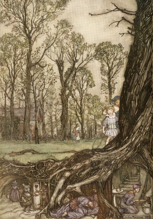 Illustration Peter and Wendy behind a tree with fairies underneith