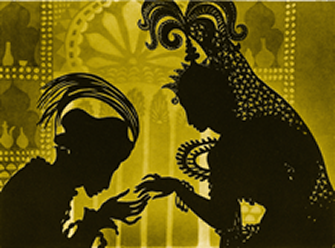 Silhouettes of Prince Achmed and a woman from The Adventures of Prince Adhmed.