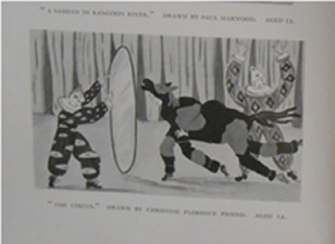 Page from King-Hall, Stephen, ed. Young Authors and Artists of 1935, showing a clown holding a hoop with a pantomime horse. 