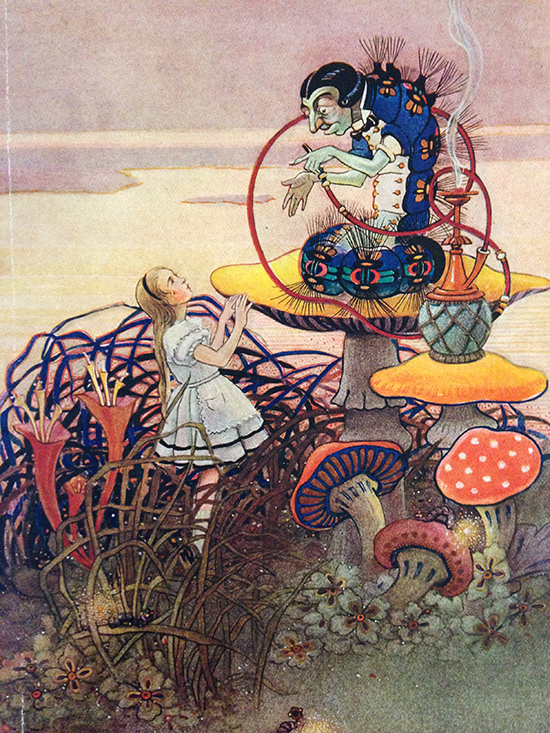 Reproduction of a tipped-in colour plate by Gwynedd M. Hudson depicting the Alice with the Caterpillar 