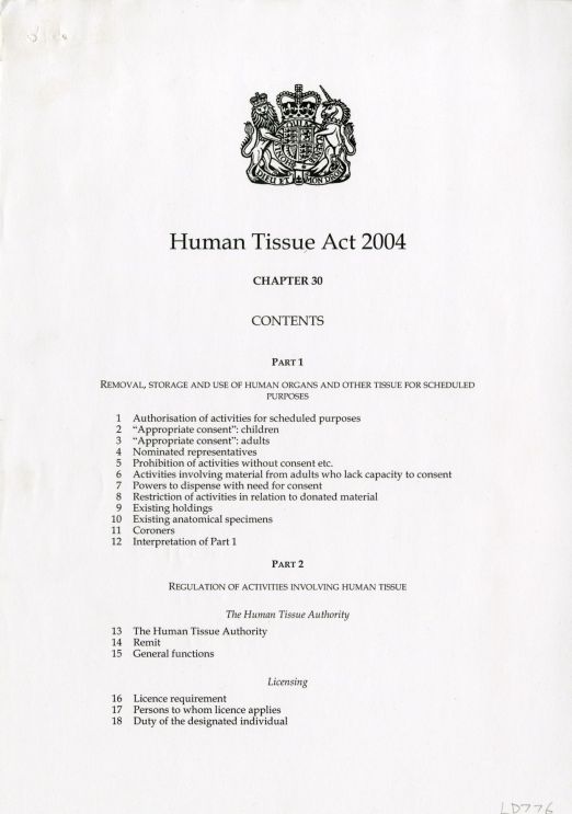 UK legislation regulating the removal, storage, use and disposal of human bodies, organs and tissues based on recommendations by Sir Liam. Gained Royal Assent and became law on 15 November 2004.