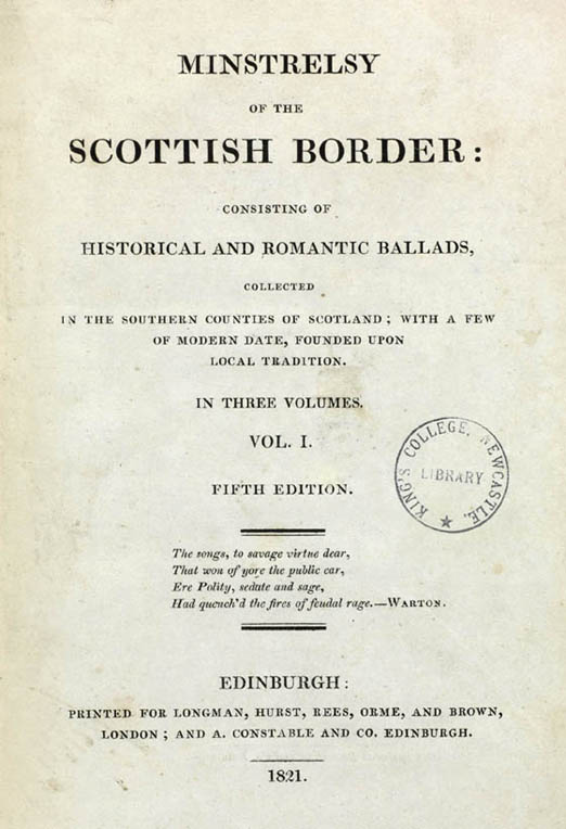 Title page of Minstrelsy of the Scottish Border consisting of Historical and Romantic ballads in three Volumes, Volume 1, 1821
