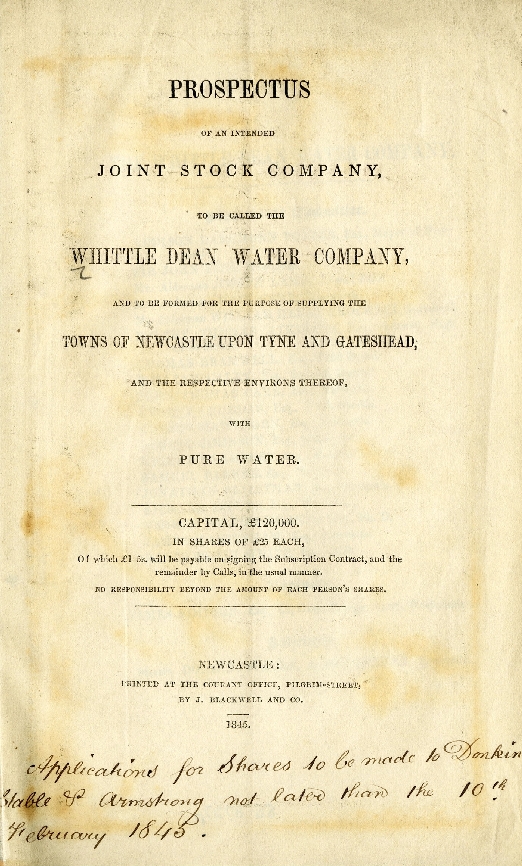 Front cover of the Whittle Dean Water Company Prospectus (1845)