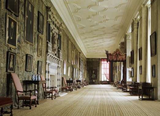 The Long Gallery, Hardwick Hall, Derbyshire. Room view of the whole of the Long Gallery at Hardwick Hall with the Gideon tapestries on the left. It measures to 162 feet long and 26 feet high. The Hardwick gallery is the largest of surviving Elizabethan long galleries.