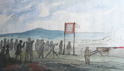 Watercolour sketch depicting the testing of an early Armstrong Gun at Allenheads in Northumberland on 23rd June 1856, from Thomas Sopwith's journal.