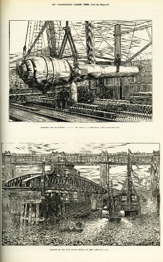 The opening of Armstrong's swing bridge and shipment of the 100-ton gun, as depicted in the Illustrated London News