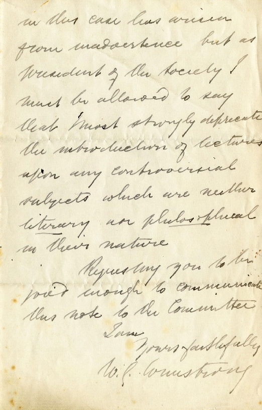 Page of a letter from W.G. Armstrong to Robert Spence Watson, 31 May 1883.